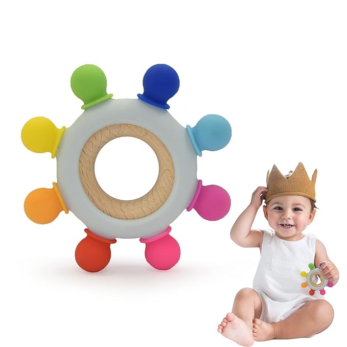 Baby Teething Toys-Silicone Boat Rudder Baby Teether Toys,Removable Wooden Ring 0-24 Months (Rainbow,8 Directions)