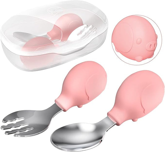 Deejoy Toddler Utensils, Toddler Spoons and Forks, Stainless Steel Spoon Toddler Silverware Set, Kids Silverware Self Feeding Flatware Set with Travel Safe Case for Kids (Pink)