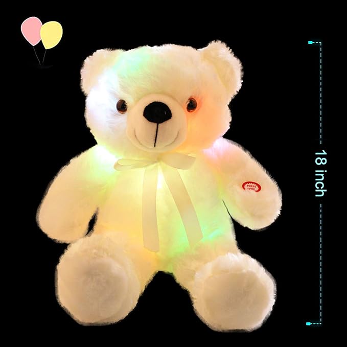 LED Teddy Bears Stuffed Animals, Cute White Glow Bear Plush Toys Creative Colorful Luminous Light Up Doll Gifts for Bedroom Valentine,18 inch