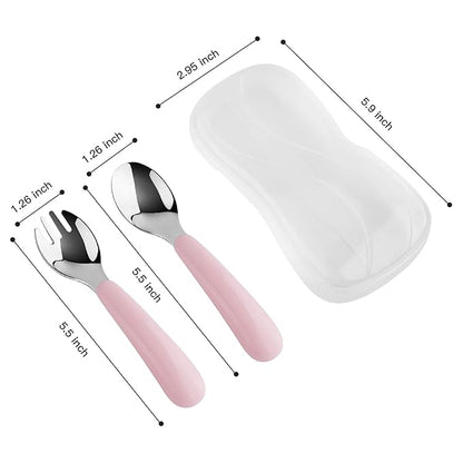 Kirecoo 2 Set Toddler Utensils, Toddler Forks and Spoons, Stainless Steel Toddler Silverware Set, Designed for Self Feeding Flatware Set with Travel Carrying Cases BPA Free (White & Pink)