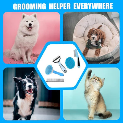 Dog Brush Dog Grooming Kit 5PCS - Dog Brushes for Grooming, Dog Brush for Shedding,Puppy Brush and Flea Comb for Dogs, Slicker Brush for Dogs Comb and Dog Hair Brush Set Blue