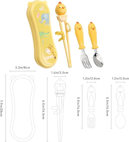 Toddler Utensils Stainless Steel Kids Silverware Set with Kids Spoons and Forks Set and Kids Chopsticks for Self Feeding Learning with Portable Case