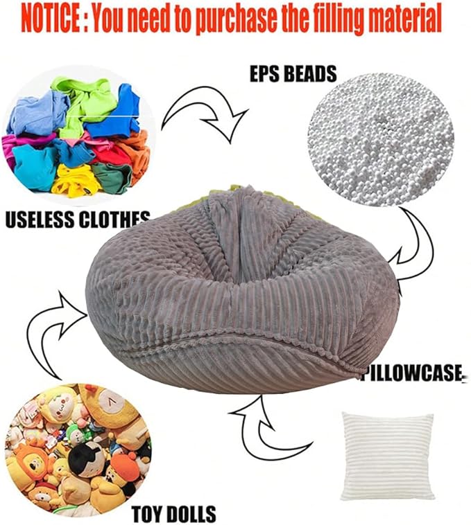 Soft Bean Bag Chair Cover No Filler Sofa Cover Storage Bean Bag Cover Organizing Children Plush Toys (Light Grey, Medium)