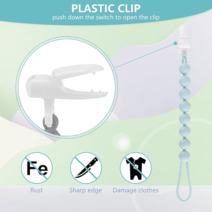 6-Pack Silicone Pacifier Clips for Baby Boys and Girls - One-Piece Beads, Rust-Free Holders