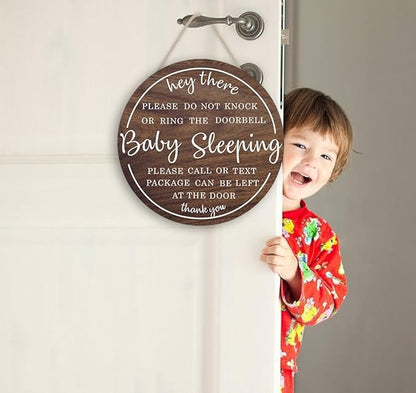 OLMIXA Baby Sleeping Wooden Sign (12x12 inch), Do Not Knock or Ring Door Knob Sign for Front Door