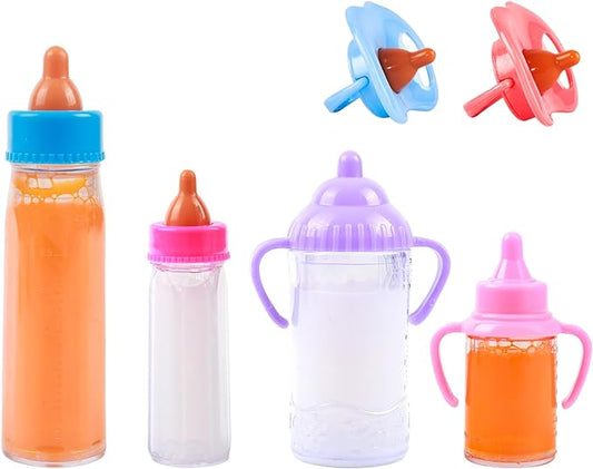 Magic Feeding Bottle with Pacifier for Baby Doll Accessories, Play Bottles with Disappearing Milk & Juice 6 Pieces 4 Bottles 2 Pacifiers