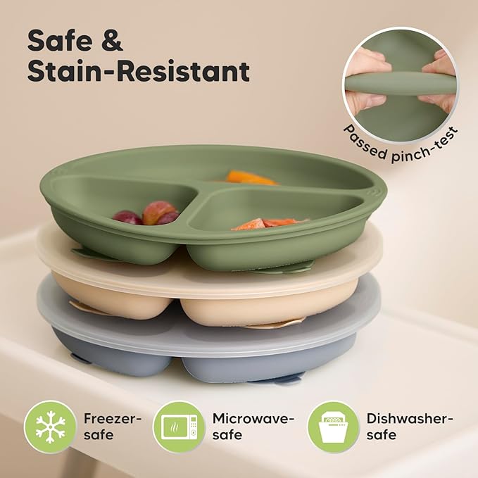 KeaBabies Suction Plates with Lids for Baby - 3-Pack 100% Silicone Suction Plates for Baby, Kids,Toddler Plates,Divided Baby Plates with Suction,Lids, BPA-Free, Microwave, Dishwasher Safe (Slate)