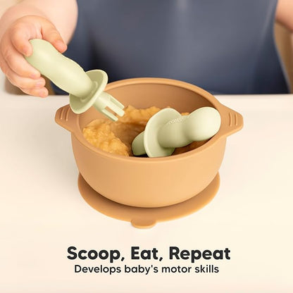 KeaBabies 4-Pack Silicone Baby Spoons and Forks Set - Baby Spoon Self Feeding, BLW Baby Utensils 6-12 Months, Baby Led Weaning Feeding Spoon, Teething Infant Baby Food Training Pre Spoon (Pastel Sky)