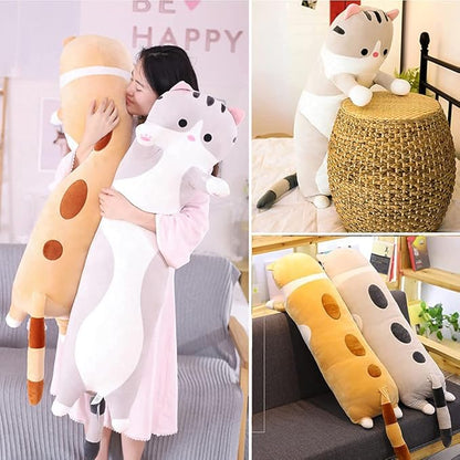 Cute Cat Plush Long Body Pillow Cuddle Cartoon Stuffed Animals Cat Plushie Soft Doll Pillows Gifts for Kids Girls (Gray, 51 Inches) 1 Count 1)