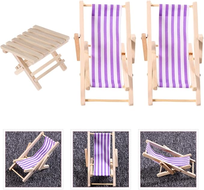 STOBOK Beach Accessories 3 Pcs Miniature Beach Chair Foldable Wooden Beach Chair Mini Lounge Chair Model Stripe Sunbath Chair and Desk Set Adorn for Kids Adults (Purple) Tiny Home
