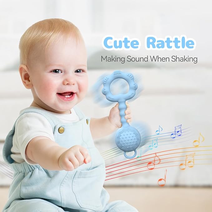 Teethers for Babies 6-12 Months, Rattles for Babies 0-6 Months 2-in-1 Rattle