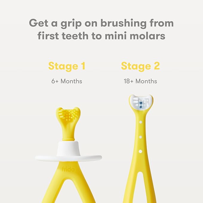 Frida Baby Grow-with-Me Baby Toothbrush Training Set | Infant to Toddler Toothbrush 0-12 months, Cleans All Sides at Once, Oral Care for Sensitive Gums | Yellow