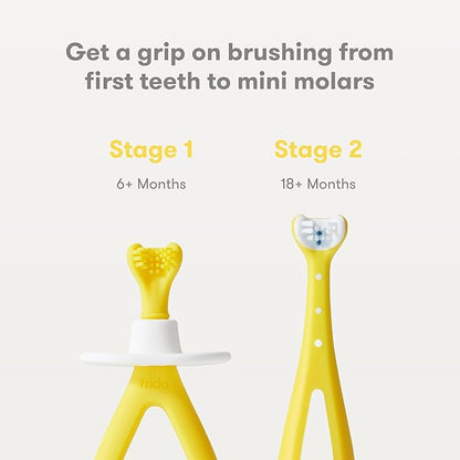 Frida Baby Grow-with-Me Baby Toothbrush Training Set | Infant to Toddler Toothbrush 0-12 months, Cleans All Sides at Once, Oral Care for Sensitive Gums | Yellow