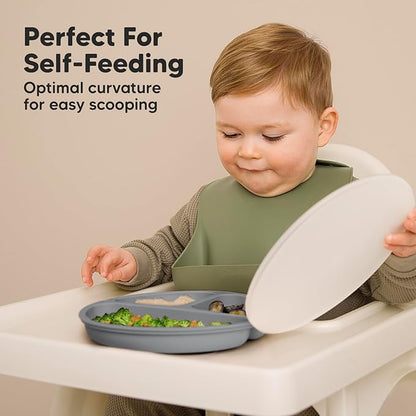 KeaBabies Suction Plates with Lids for Baby - 3-Pack 100% Silicone Suction Plates for Baby, Kids,Toddler Plates,Divided Baby Plates with Suction,Lids, BPA-Free, Microwave, Dishwasher Safe (Slate)