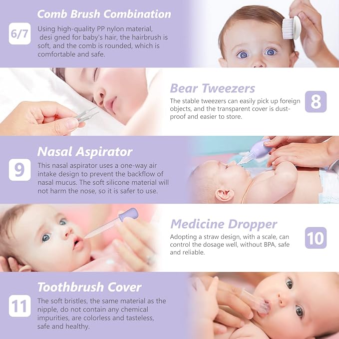 Baby Grooming Kit, 15 in 1 Portable Baby Safety Care Kit with Baby Brush and Comb Set Nail Clippers Nasal Aspirator etc for Nursery Newborn Infant Girl Boys Keep Clean Baby Essentials (Purple)