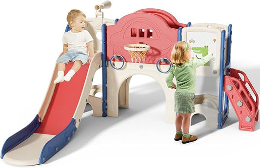 10 in 1 Toddler Slide for Toddlers Age 1-3, Extra-Long Slide with Basketball Hoop Indoor and Outdoor Baby Climber Playset Playground Freestanding Slide (Large