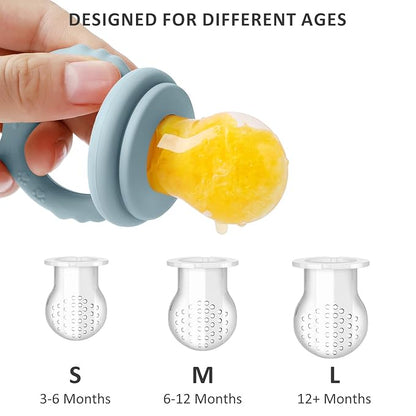 Silicone Baby Fruit Food Feeder Pacifier & Baby Food Freezer Tray & Silicone Toy Strap Combo, Breast Milk Popsicle Freezer Molds Teether Toy for Babies 4-6 12 Months(Ether)