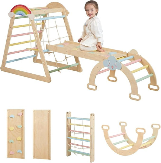 HIGOGOGO 9-in-1 Indoor Playground - Toddler Jungle Gym Montessori Climbing Set Toy Wooden Pikler Triangle with Monkey Bars, Arch 2-12 Years