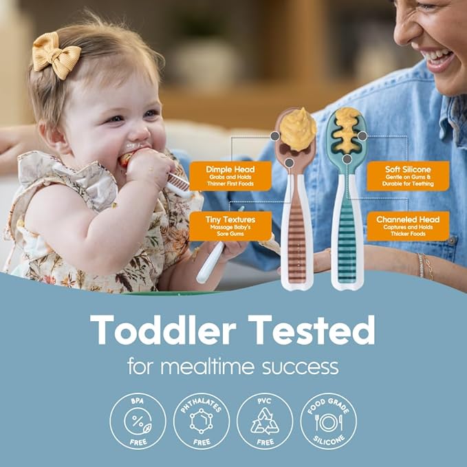 NumNum Baby Spoons Set, Feeding Littles x Silicone Pre-Spoon GOOtensils for Kids Aged 6+ Months - First Stage, Baby Led Weaning (BLW), Teething Spoon - Toddler Utensils - 3 Spoons, Neon