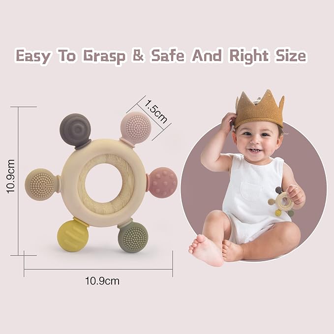 Baby Teething Toys Silicone Chewable Teethers BPA Free Silicone Rudder 0-24 Months (Beige,6 Directions)