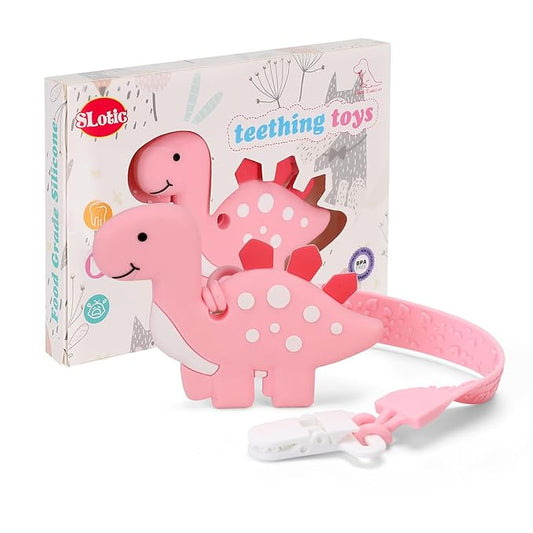 Baby Teething Toys, Dinosaur Teether Pain Relief Toy with One Piece Design Pacifier Clip Holder Set for Newborn Babies
