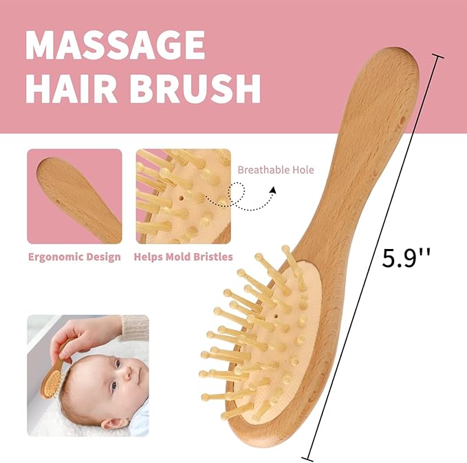 Goat Baby Hair Brush Set, Wooden Comb Massage Scalp Comb