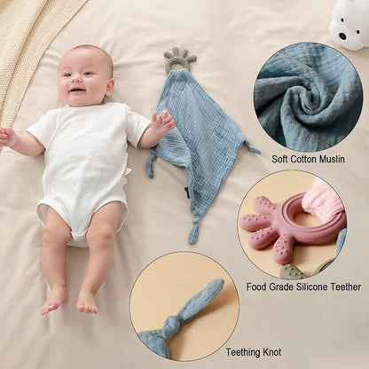 Baby Muslin Security Blanket with Food Grade Silionce Teether,Soothe Teething Toy for Boys and Girls 100% Polyester