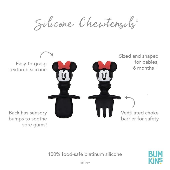 Bumkins Disney Baby Utensils Set, Chewtensils Silicone Spoons for Dipping, Self-Feeding, Baby Led Weaning, Trainer Learning, First Stage Eating, Soft Fork and Spoon, Babies 6 Months, Minnie Mouse