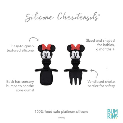 Bumkins Disney Baby Utensils Set, Chewtensils Silicone Spoons for Dipping, Self-Feeding, Baby Led Weaning, Trainer Learning, First Stage Eating, Soft Fork and Spoon, Babies 6 Months, Minnie Mouse