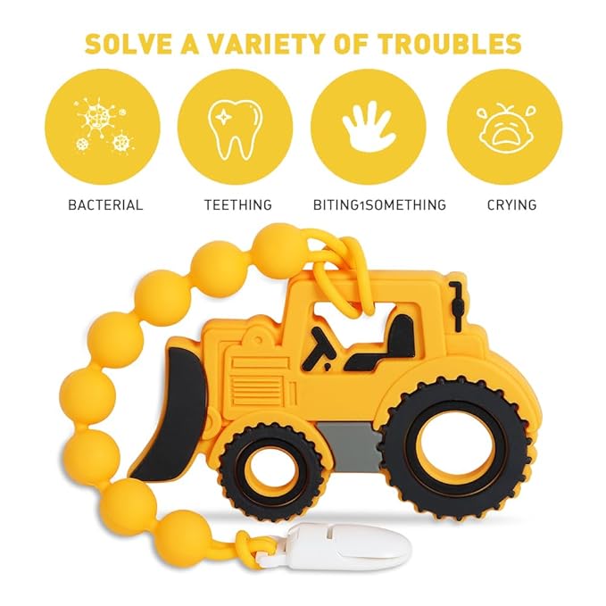 Baby Construction Vehicles Teething Toys,Food Grade Silicone Teether with One-Piece Pacifier Clip Holder 3 Months+