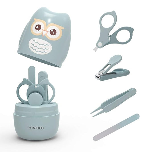 Baby Nail Kit, 4-in-1 Baby Nail Care Set with Cute Case, Baby Nail Clipper, Scissor, Nail File & Tweezer, Baby Manicure Kit and Pedicure kit for Newborn, Infant, Toddler, Kids-Owl Blue
