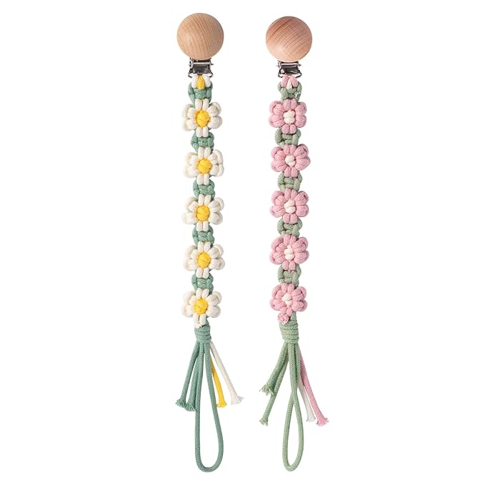 Pacifier Clip for Boys Girls Floral Daisy Macrame Paci Clip