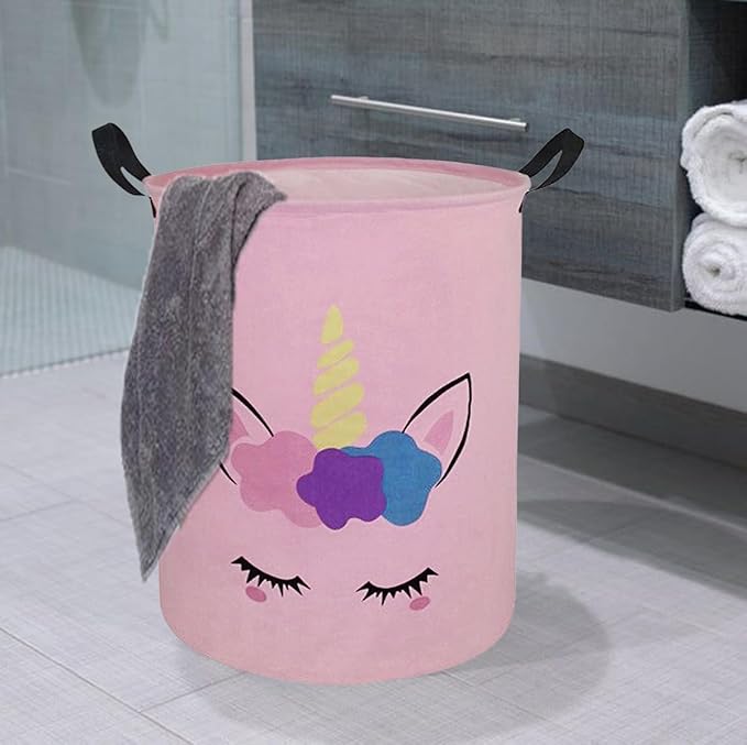Round Pink Color Unicorn Pattern Laundry Hamper Storage Basket Organizer