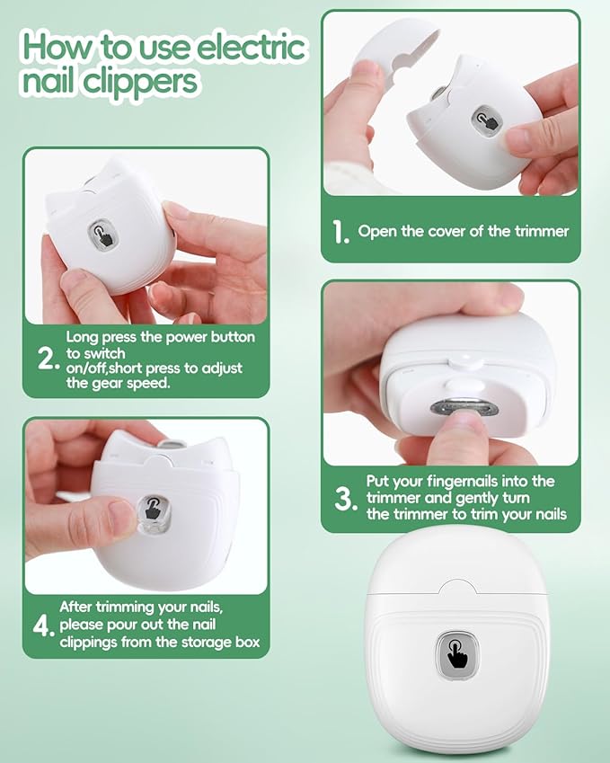 Electric Baby Nail Clipper, Automatic Nail Trimmer with Nail Clip Storage LED Light 2-Speed Rechargeable Safety Fingernail Cutter for Seniors, Adults, Children/Kids, Elders, Women/Men-White