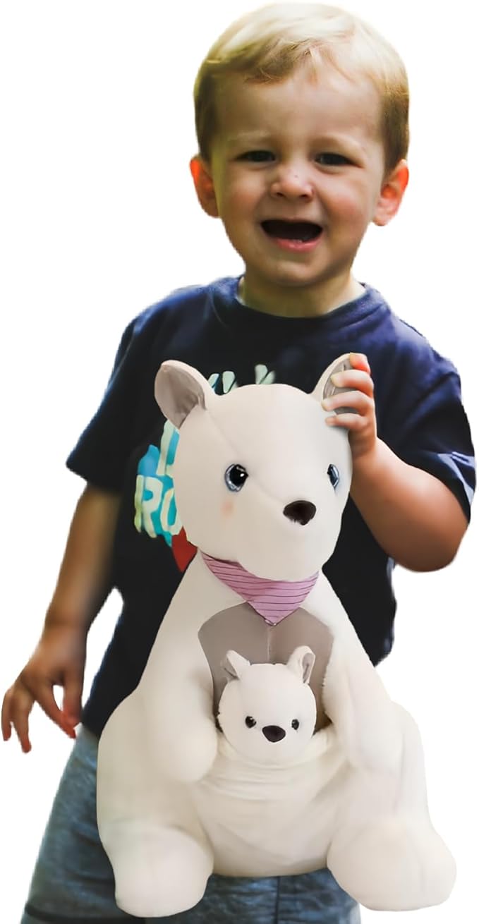 Kangaroo Stuffed Animal Plush Doll - Mother Kangaroo with Removable Child Kangaroo Plushies, Adorable Plushie for Ages 3 and Up (White,15.74 inch)