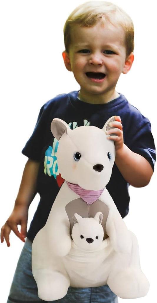 Kangaroo Stuffed Animal Plush Doll - Mother Kangaroo with Removable Child Kangaroo Plushies, Adorable Plushie for Ages 3 and Up (White,15.74 inch)