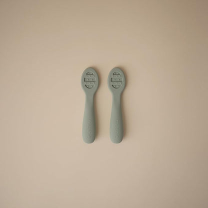 mushie Silicone First Feeding Baby Spoons | 2 Pack (Cambridge Blue/Shifting Sand)