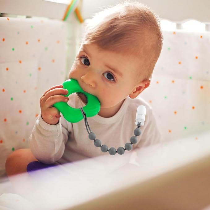6-Pack Silicone Pacifier Clips for Baby Boys and Girls - One-Piece Beads, Rust-Free Holders