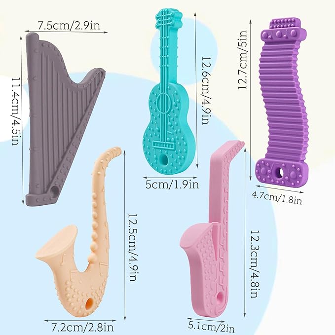 Baby Teething Toys，5 Pack Baby Teether Toys，BPA-Free，Teether Chew Toy Set，Soft Textures，Musical Instrument Shape Silicone Toddler Teething Toys for Babies 6-12 Months (Musical Instrument)