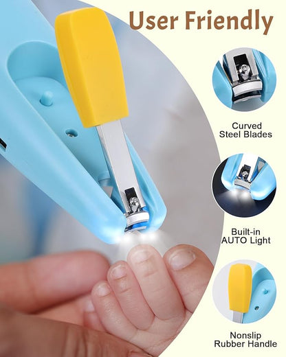 Lictin 2 in 1 Baby Nail Trimmer Electric, Safe Baby Nail File Kit Rechargeable, Baby Nail Clippers with Auto Light for Newborn, Infant, Toddler, Kids, 10 Replacement Grinding Heads, Trim and Polish