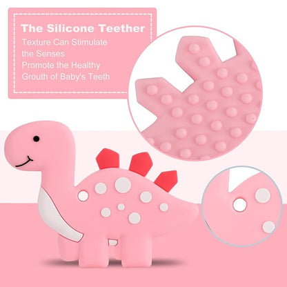 Baby Teething Toys for Babies 3-6 6-12 Months, Dinosaur Teether Pain Relief Toy with One Piece Design Pacifier Clip Holder Set