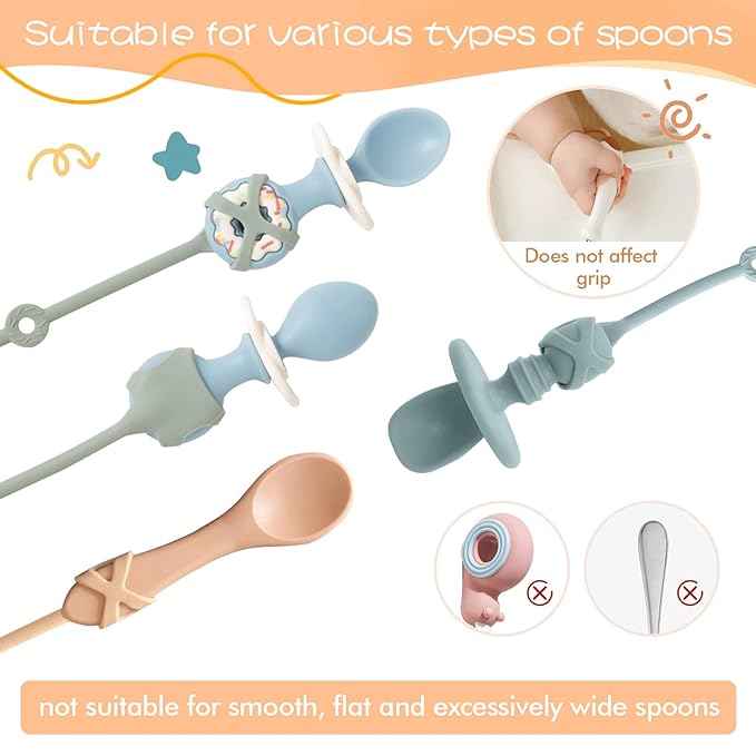 Baby Spoons Self Feeding 6 Month,SMAutoLife Toddler Utensils Holder Strap Food Grade Silicone Keep Fork and Spoon Off The Floor Great for Kids,Hook On High Chair(Orange)