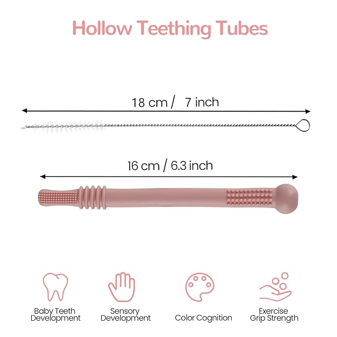 Fu Store Hollow Teether Tube, 6 Pack Chew Straw Toy 3-12 Months