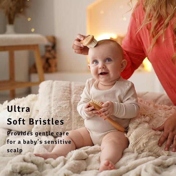 Baby Hair Brush with Soft Goat Bristles - Wooden Cradle Cap Brush for Newborns, Infants, Toddlers, and Kids - Gentle Scalp Grooming and Styling for Baby Girls and Boys (Beechwood)