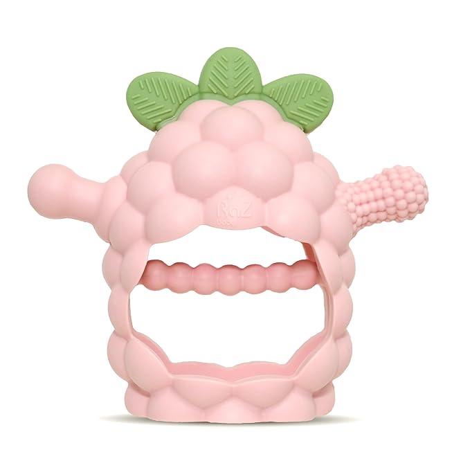 RaZbaby RaZberry Grip Silicone Teether Toy for 3M+ | Drop Resistant Hand Held Teether for Babies and Infants - Designed by Nature with Our Patented BerryBumps Multitextured Design 3M+, Pink