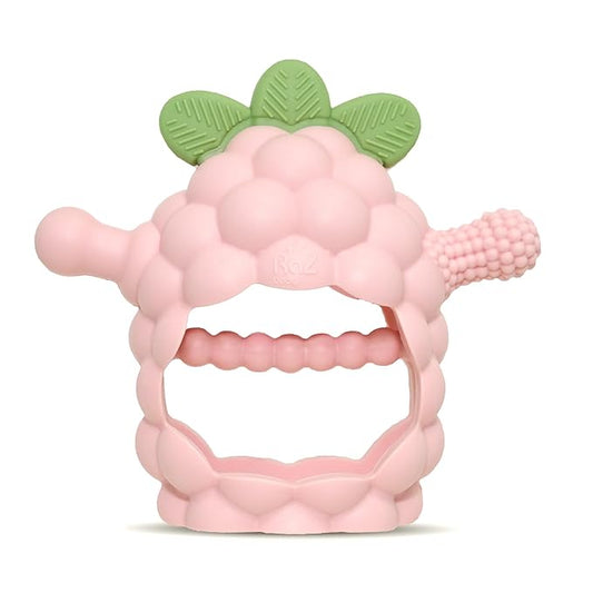 RaZbaby RaZberry Grip Silicone Teether Toy for 3M+ | Drop Resistant Hand Held Teether for Babies and Infants - Designed by Nature with Our Patented BerryBumps Multitextured Design 3M+, Pink