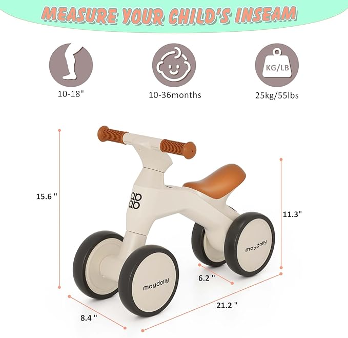 Maydolly Baby Balance Bike, Toddler Balance Bike for 1 Year Old Boys Girls 4 Wheels 10-36 Month