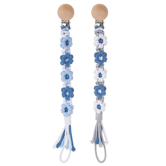 Pacifier Clip for Boys Girls Floral Daisy Macrame Baby Paci (2pack:Blue Daisy 2)