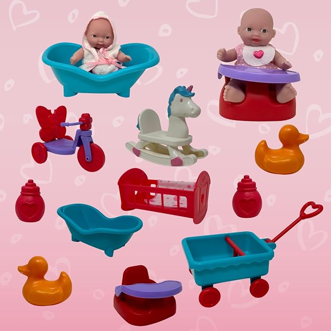 Mini Baby Doll Set, Small Baby Doll Playset with Mini Doll Accessories & 5 inch Doll Furniture 15pc Tiny