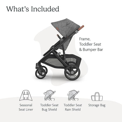 UPPAbaby Vista V3 Stroller - Full-Size Single-to-Double Stroller System - Toddler Seat, Bug Shield, Rain Shield, and Storage Bag Included - Greyson (Charcoal Mélange/Carbon Frame/Saddle Leather)